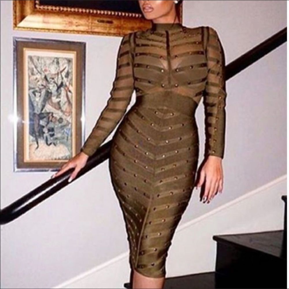 Olive Green Studded Bodycon Midi Dress